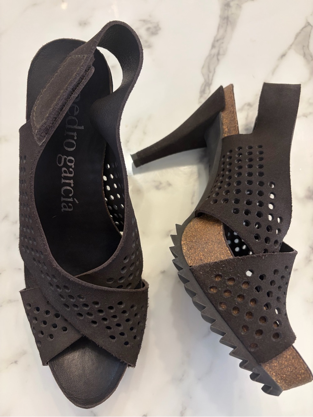 Pedro Garcia Tan Perforated Suede Open-Toe Slingback Heels - Picture 11 of 12
